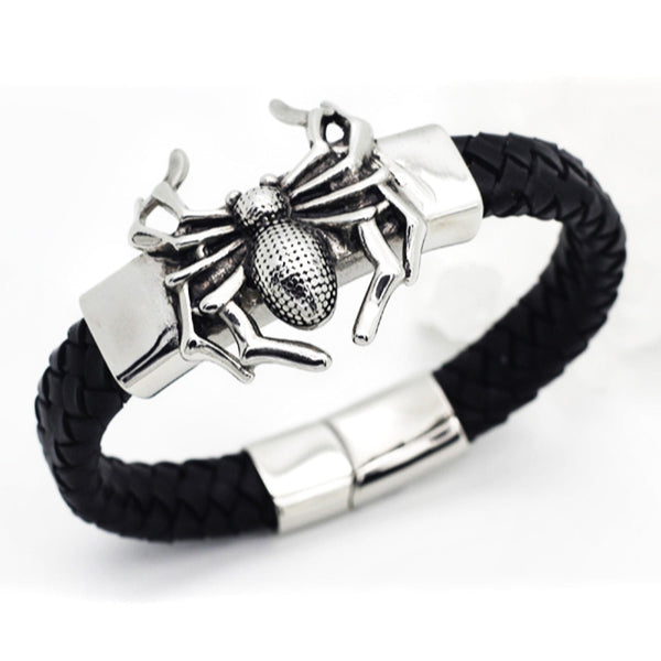 Spider Bracelet - Black Leather & Steel - 129-0188 – Badboy Jewellery