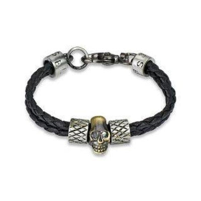 Leather & Steel Double Strand Skull Bracelet - 0082