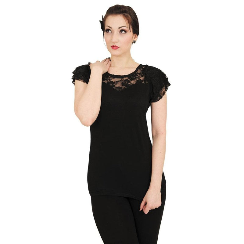 Spiral Gothic Elegance - Lace Layered Cap Sleeve Top Black