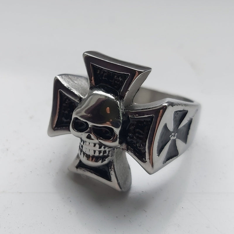 Iron Cross With Skull Biker Ring - Stainless Steel