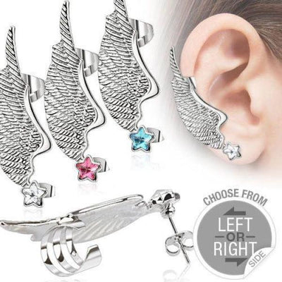 316L Surgical Steel Angel Wing Ear Cuff with Star CZ Stud