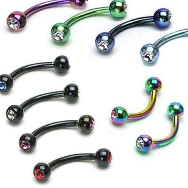 316L Surgical Steel Curved Barbell With Titanium Ion Plate and 2-Press Fit Gem Balls
