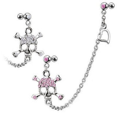 316L Surgical Steel Double Cartilage/Tragus Barbell Chain Linked Gemmed Skull and Crossbones