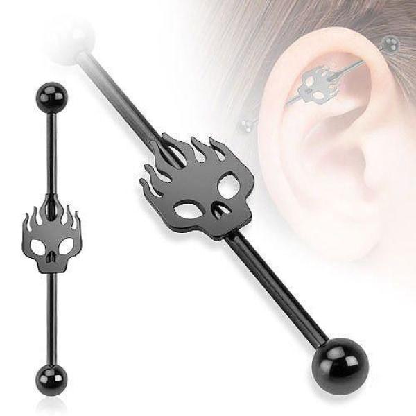316L Surgical Steel Flaming Skull with Black Ion Plate Scaffold Barbell