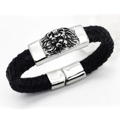 Lion Head Bracelet - Black Leather & Steel - 129-0143
