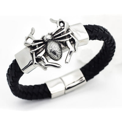 Spider Bracelet - Black Leather & Steel - 129-0188