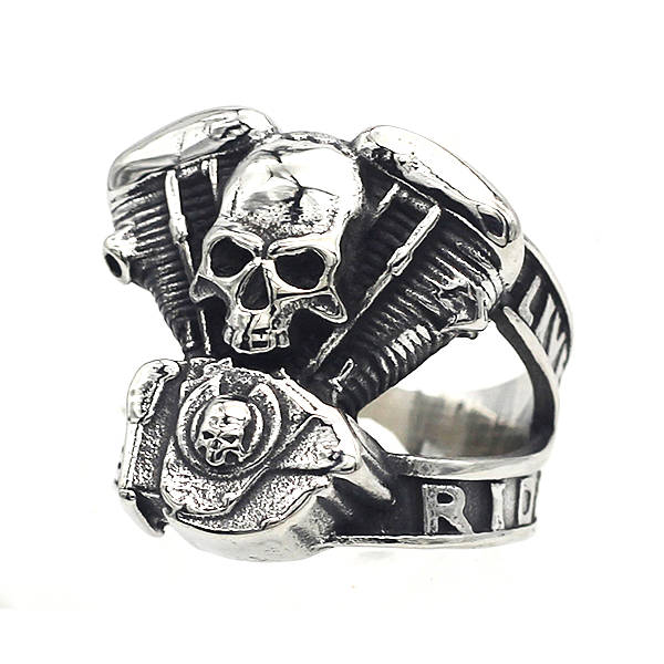 Live to Ride Skull Engine Ring - Stainless Steel
