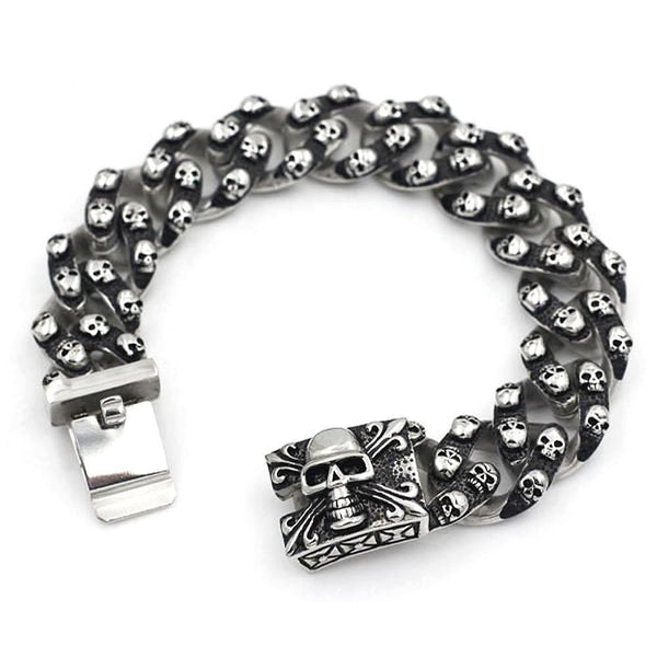 Big & Heavy Steel Bracelet With Skulls & Fleur De Lis