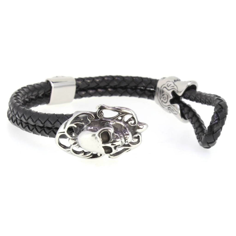 Biker Skull Bracelet - Black Leather & Steel - 790121