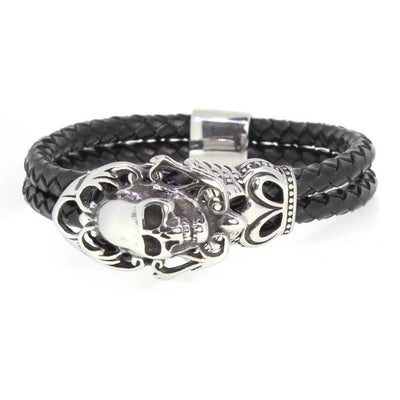 Biker Skull Bracelet - Black Leather & Steel - 790121