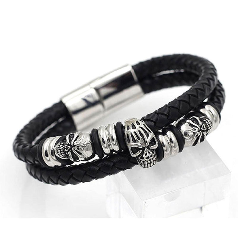 Biker Skulls & Beads Bracelet - Leather & Steel - 790119