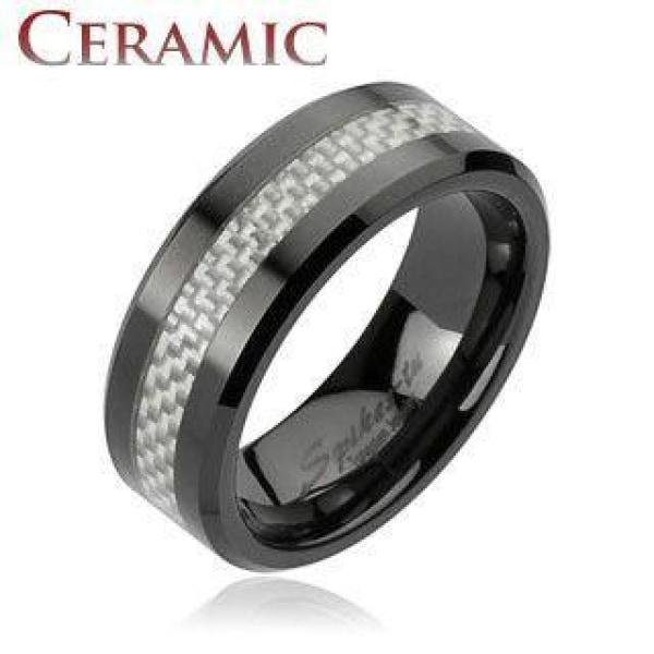 Black Ceramic Ring With Silver Carbon Fiber Inlay - HR-TU-150M