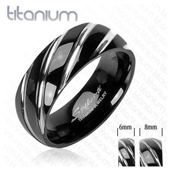 Black Ion Plated Titanium Ring With Diagonal Grooves - 3558
