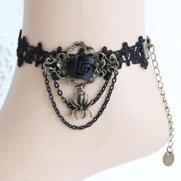 Black Lace, Spider and Rose Gothic Anklet