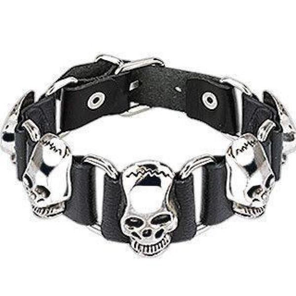 Black Leather and Steel Frankenstein Skulls Bracelet - HSL0142-K