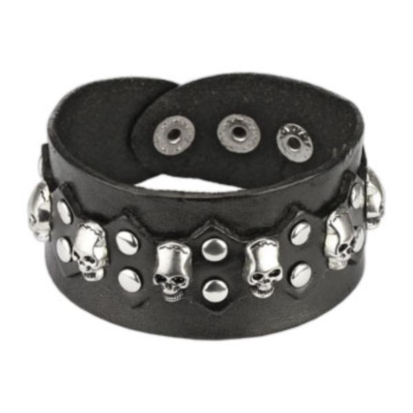 Black Leather Biker Bracelet With Steel Skulls