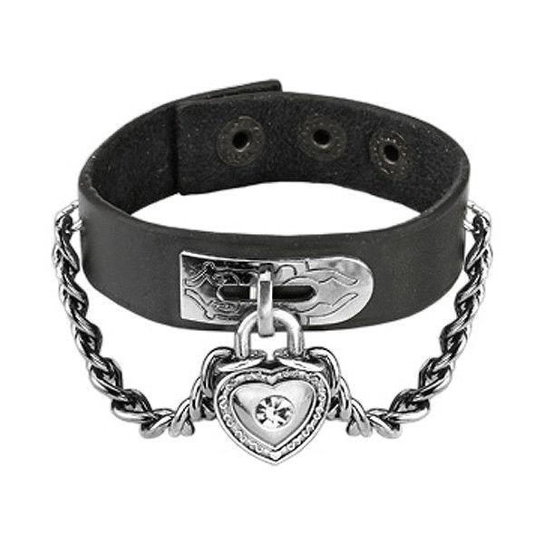 Black Leather & Steel Heart & Chains Bracelet - 0121