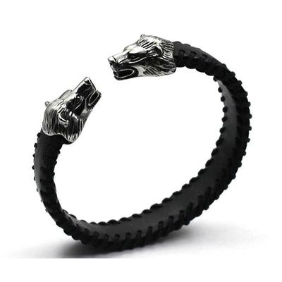 Black Leather & Steel Wolf Heads Bracelet - 0270
