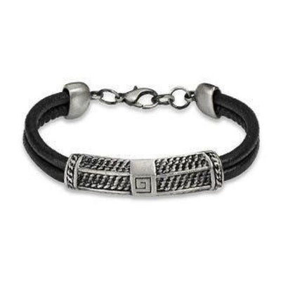 Black Leather Two Strand Bracelet With Scaled Steel Centrepiece