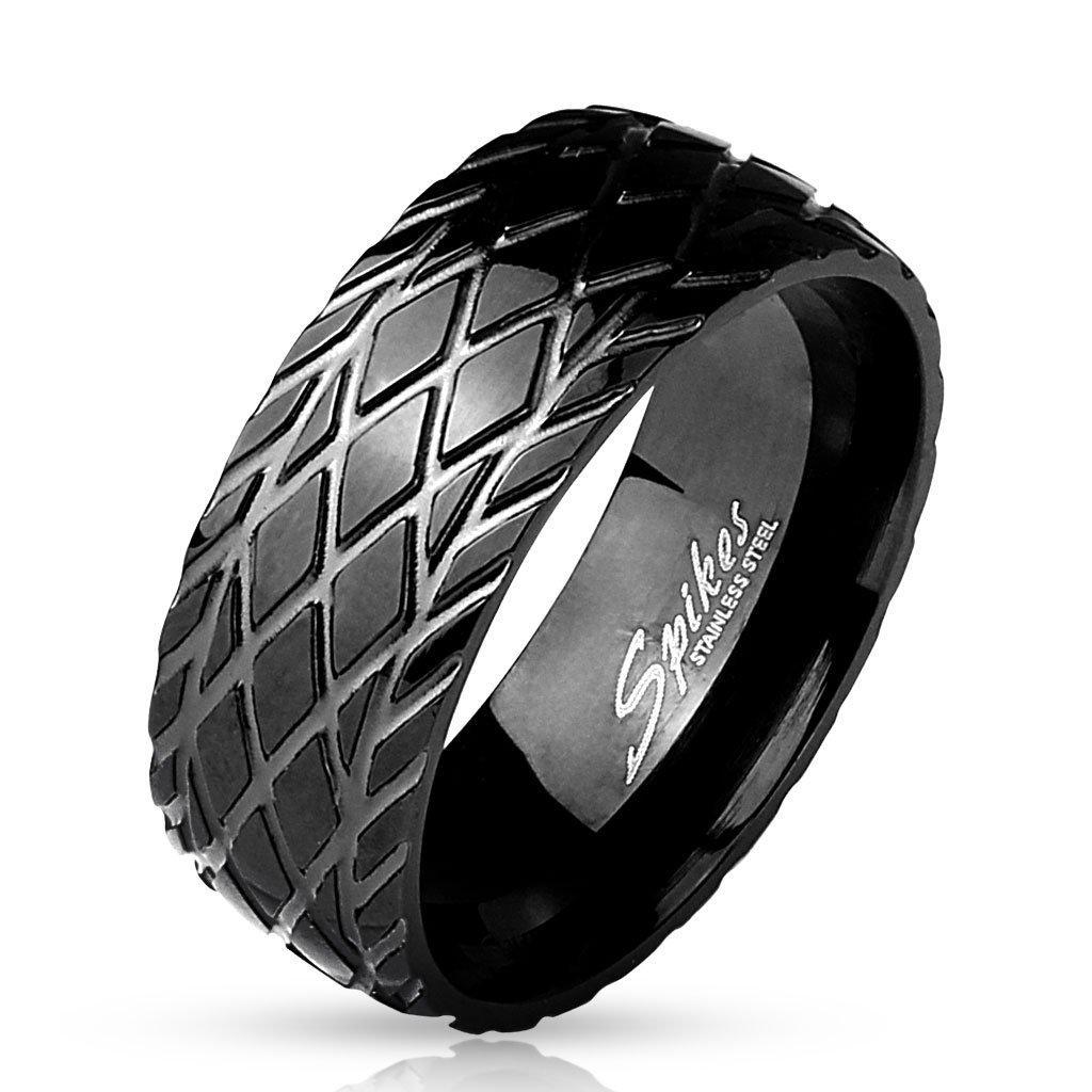 Black Stainless Steel Ring With Tyre Pattern