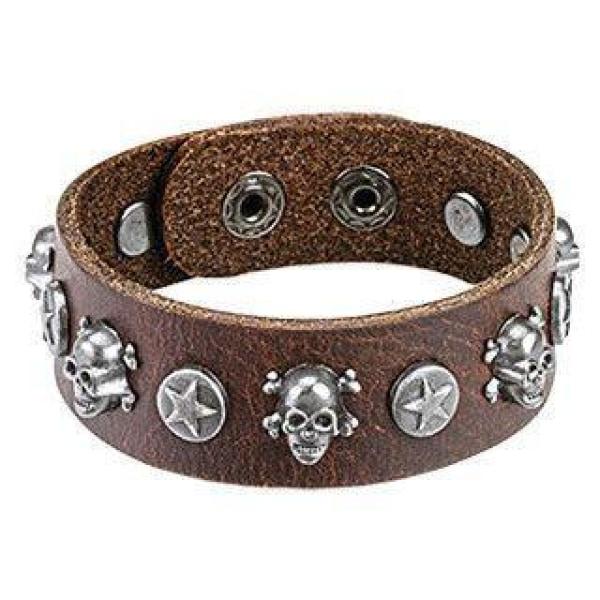 Brown Leather Gothic Bracelet With Steel Skulls and Coins - 0147
