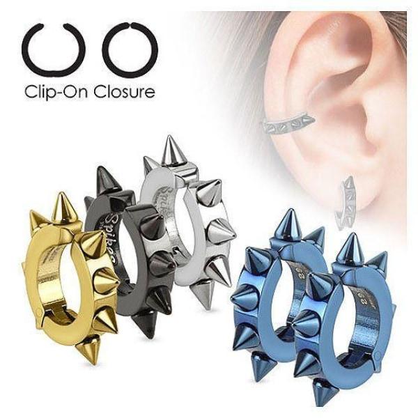 Clip-on Non Piercing Spiked Stainless Steel Hoop Earrings - 4 Colours