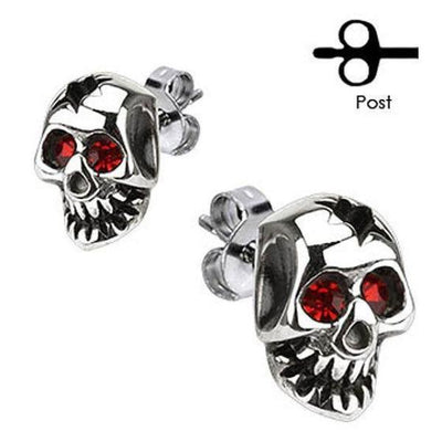 Cracked Skull Stainless Steel Earrings With Red CZs