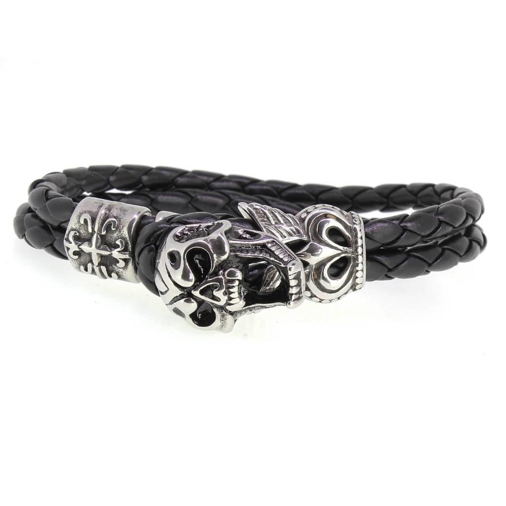 Double Leather Bracelet With Screaming Skull Clasp