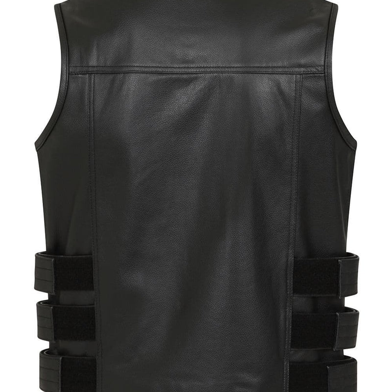 Men's Real Leather Biker Vest - Black Plain Motorcycle Waistcoat, Regular Fit, Snap Closure