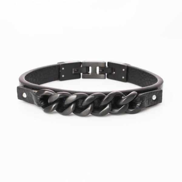 Flat Black Micro Fiber Leather and Matte Black Steel Chain Bracelet