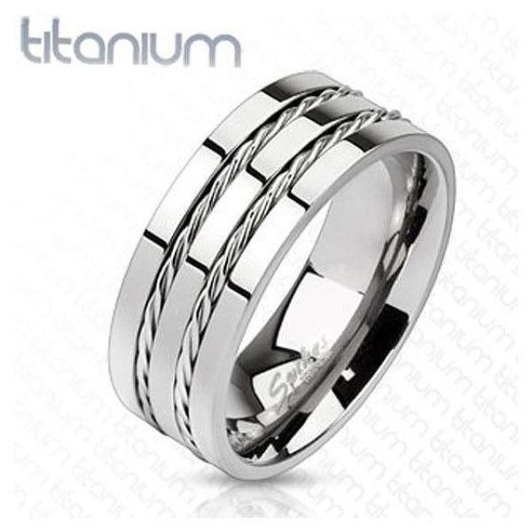 Flat Titanium Ring With Two Inlaid Twisted Ropes - 3682