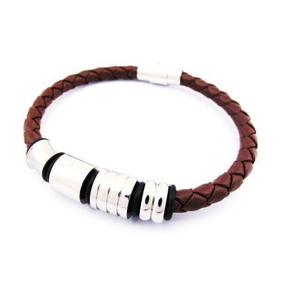 Gents Bracelet - Brown Leather and Stainless Steel - 510012