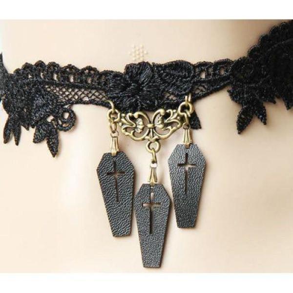 Gothic Black Lace Choker Necklace With Three Coffin Charms