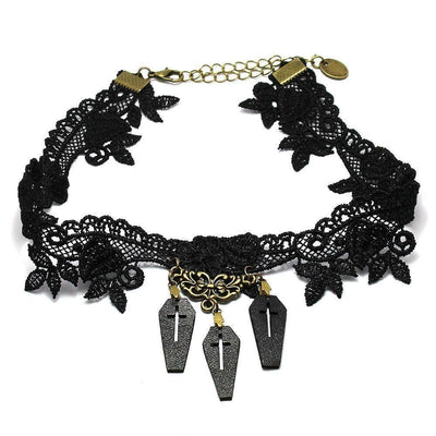 Gothic Black Lace Choker Necklace With Three Coffin Charms