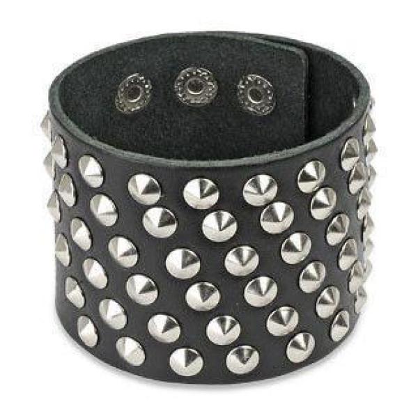 Gothic Black Leather Wide Bracelet With Cone Studs - 0040