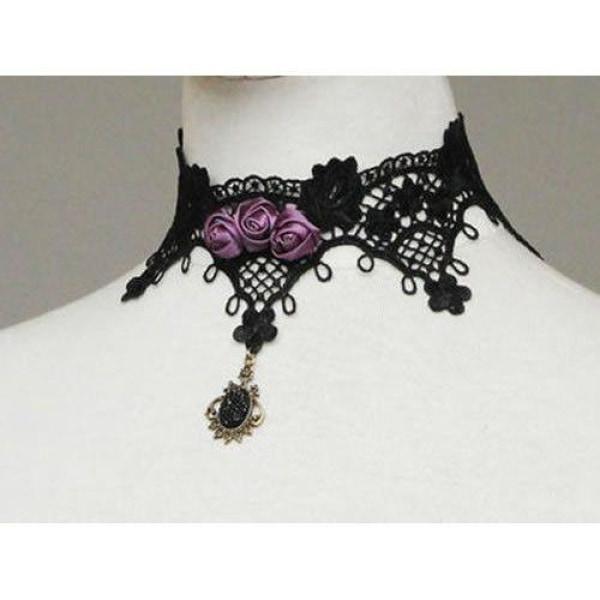 Gothic Choker Necklace With Lavender Roses & Hanging Charm