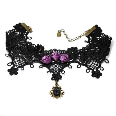 Gothic Choker Necklace With Lavender Roses & Hanging Charm
