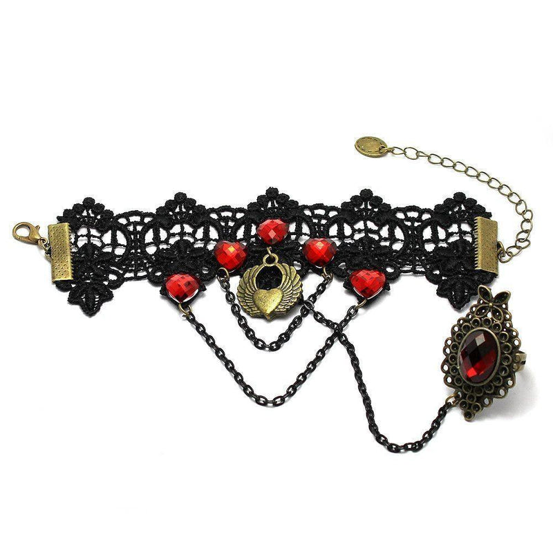 Gothic Hearts And Wings Bracelet With Faceted Red Stones And Attached Ring