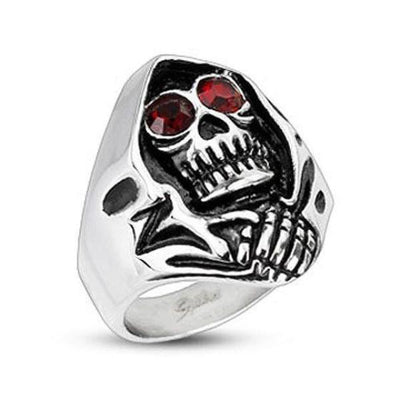 Grim Reaper Biker Ring With Red CZ Eyes - HR-H2178