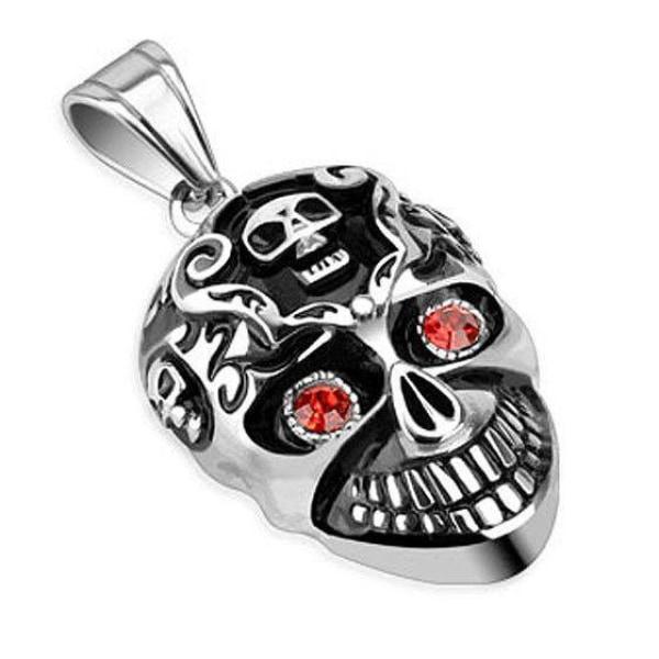 Grinning Skull With Red CZ Eyes Pendant - HSSPM-5928