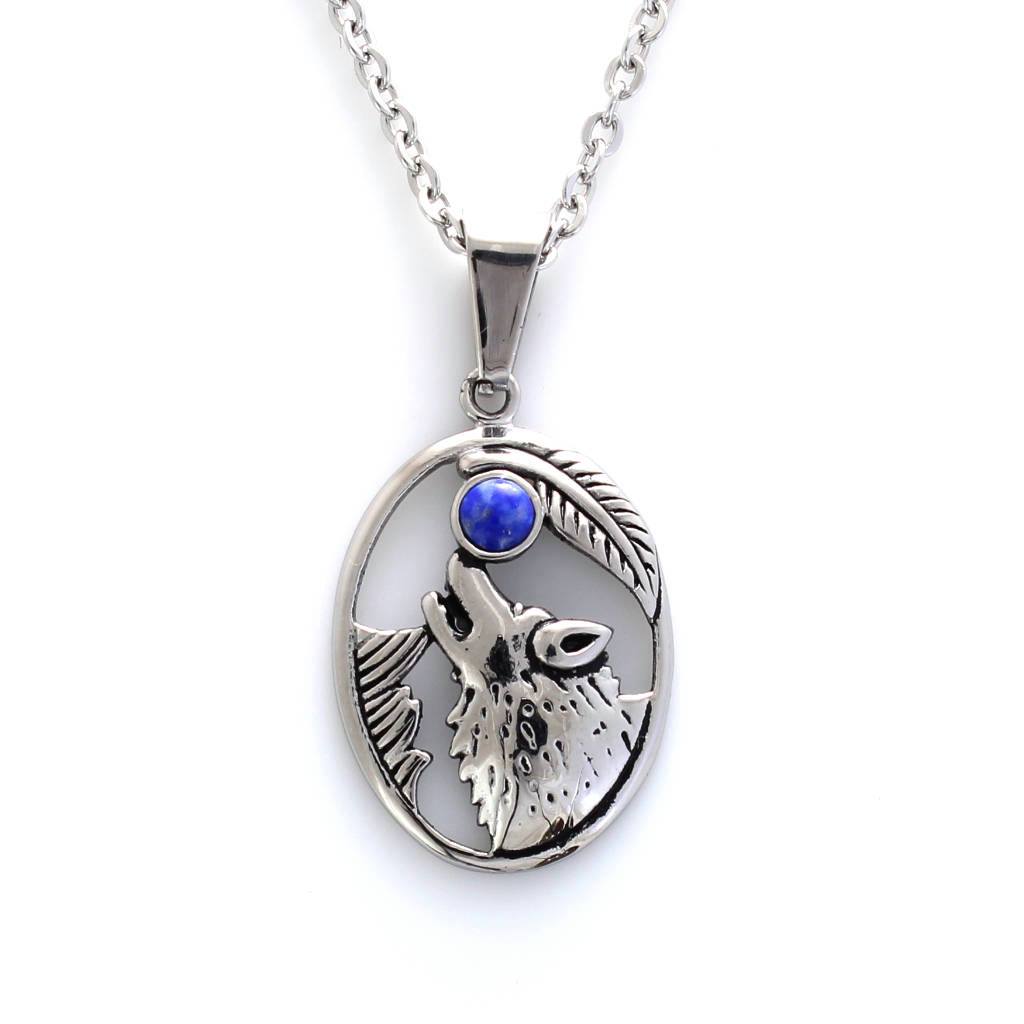 Howling Wolf With Lapis Lazuli Stainless Steel Pendant