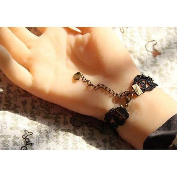 Lace Gothic Bracelet With Cat and Bead Charms