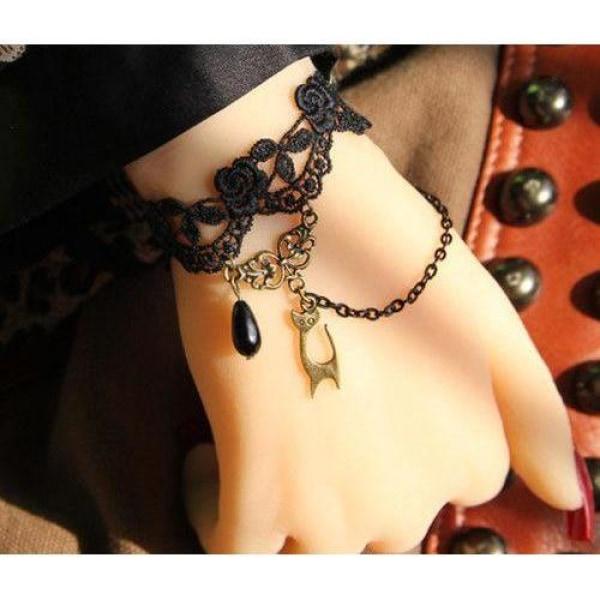 Lace Gothic Bracelet With Cat and Bead Charms
