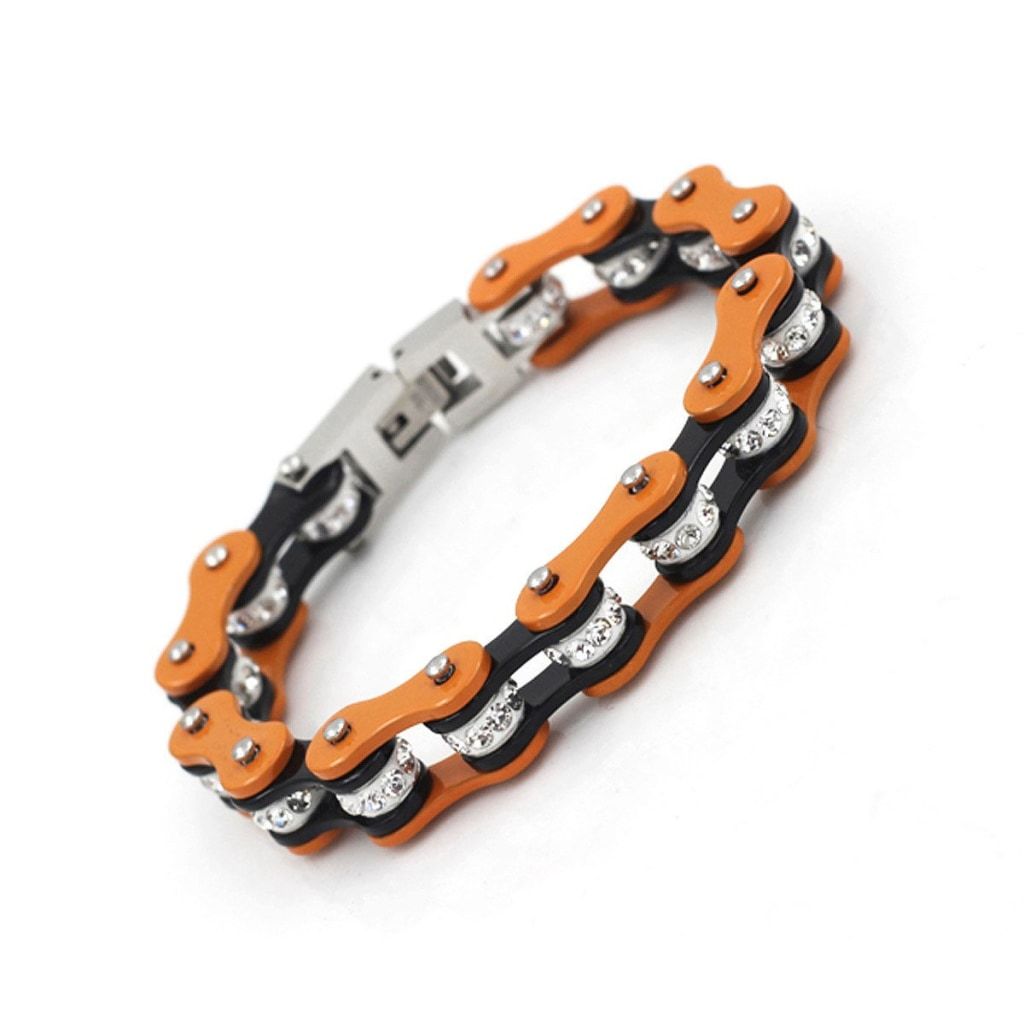 Ladies Black and Orange Ion Plated Motorcycle Chain Bracelet