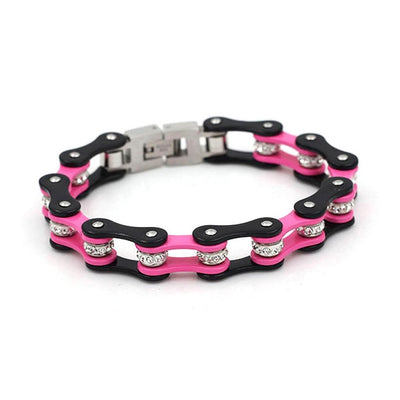 Ladies Black and Pink Ion Plated Motorcycle Chain Bracelet
