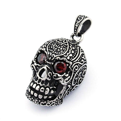 Large 3D Sugar Skull Pendant With Red CZ Eyes