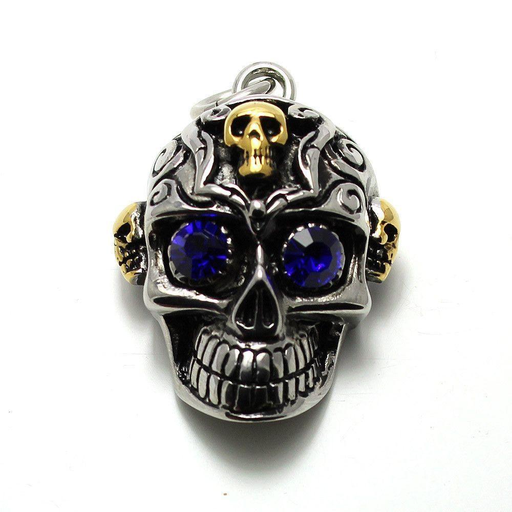 Large Skull Pendant With Blue CZ Eyes - Stainless Steel 600046