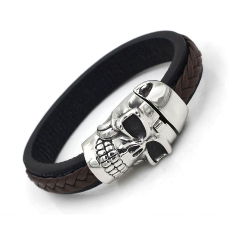 Large Skull Steel and Leather Bracelet - 360139