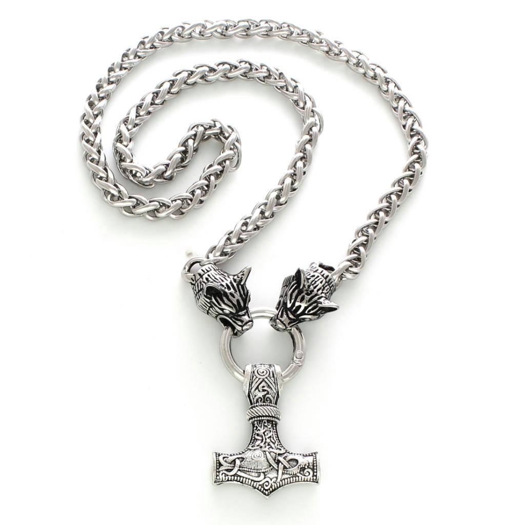Large Thor's Hammer With Wolf Heads Necklace