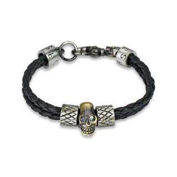 Leather & Steel Double Strand Skull Bracelet - 0082
